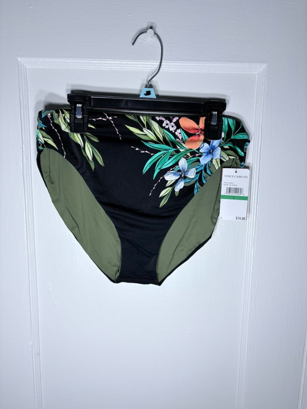 Vince Camuto Black Floral High-Waist Bikini Bottom with Olive Panels